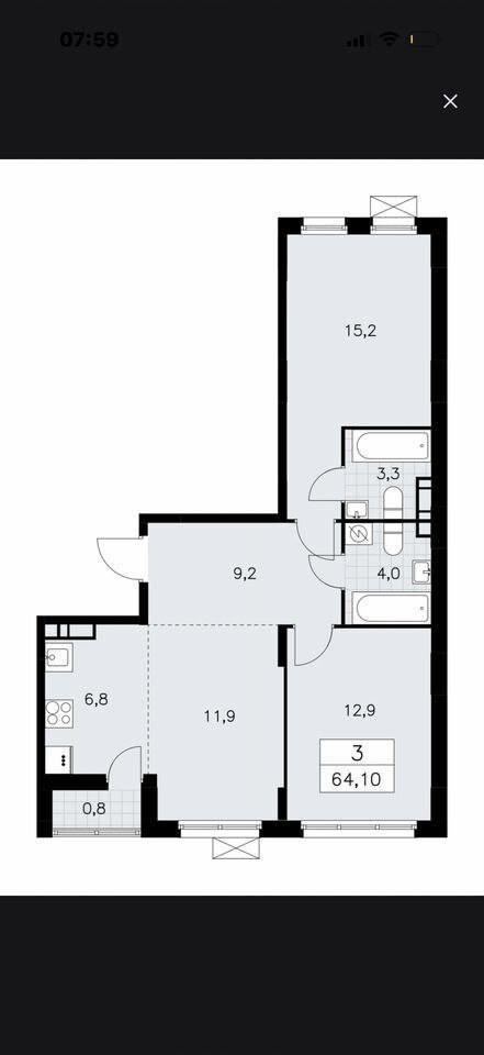 2-комнатная 64.1 м2 в ЖК undefined корпус null этаж 7