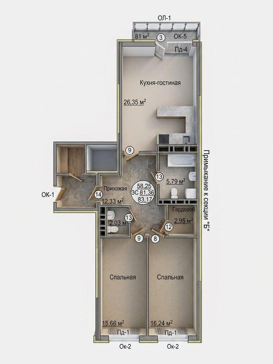 3-комнатная 81.4 м2 в ЖК undefined корпус null этаж 15