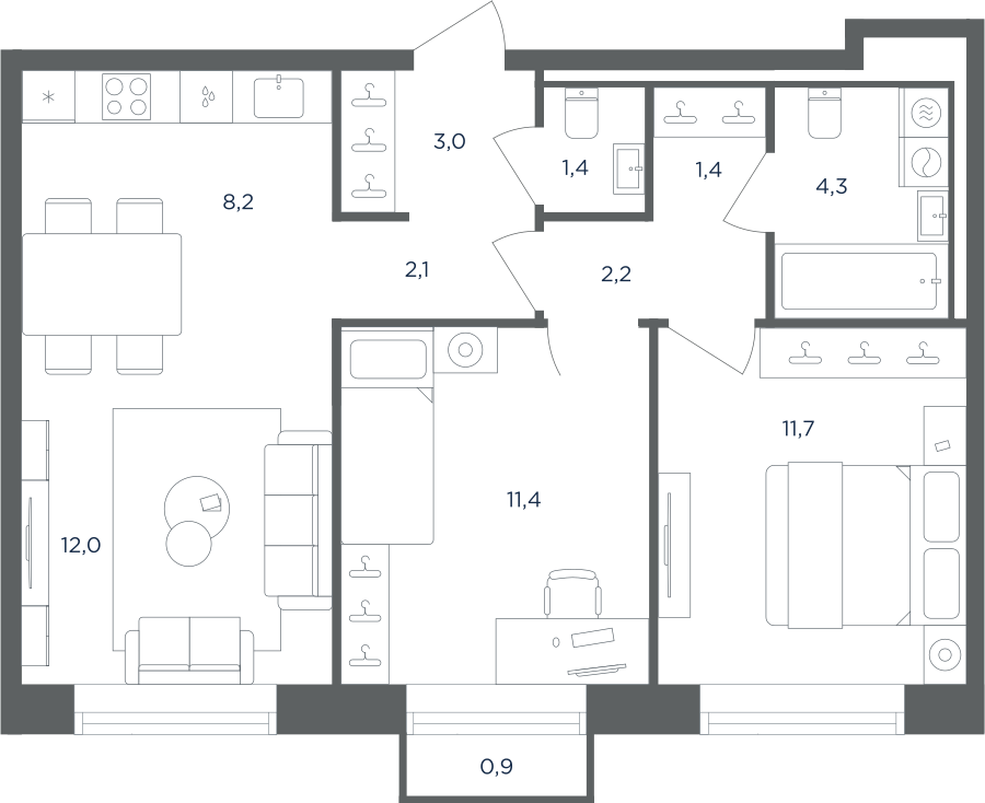 3-комнатная 58 м2 в ЖК Равновесие корпус null этаж 3