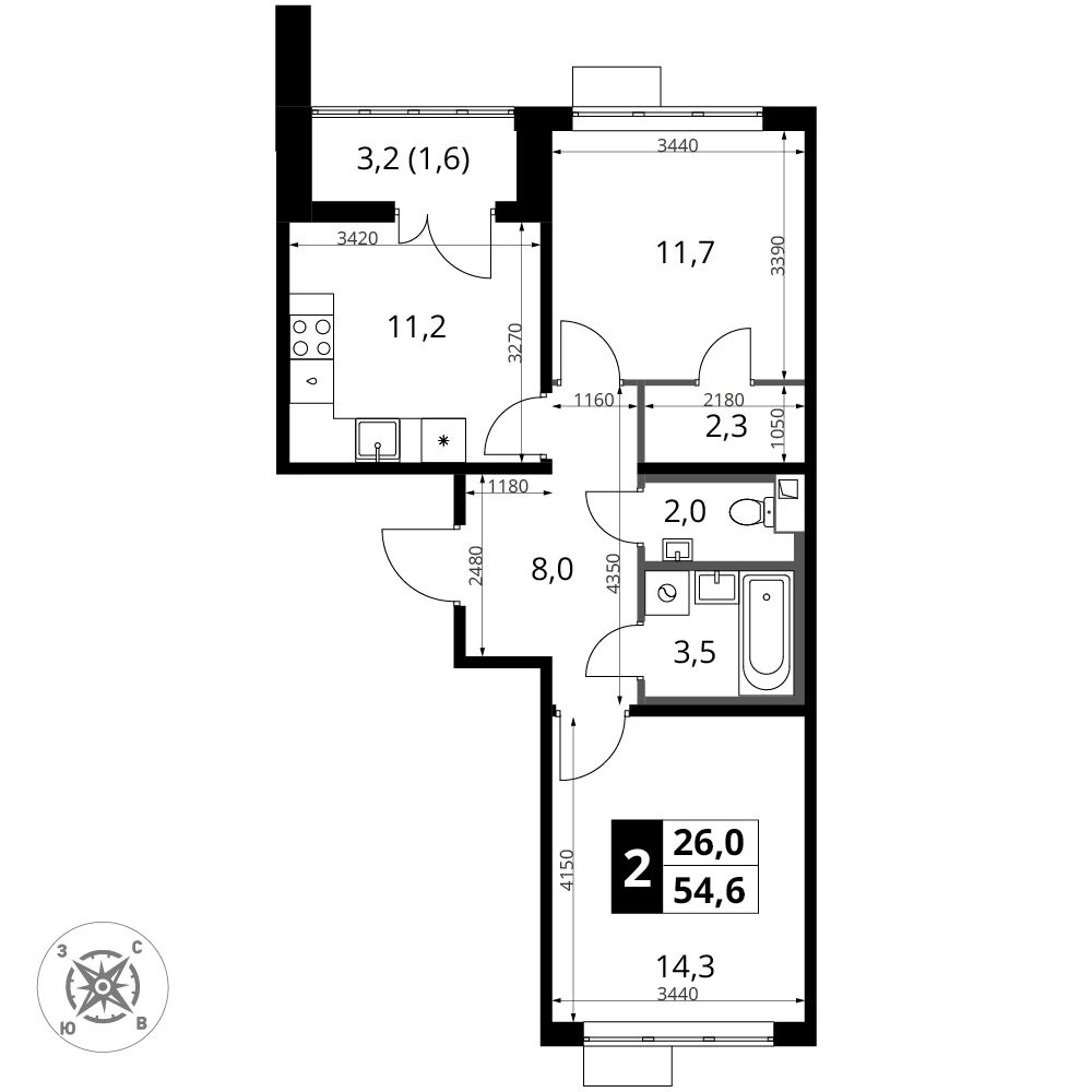 2-комнатная 54 м2 в ЖК 1-й Шереметьевский корпус null этаж 7