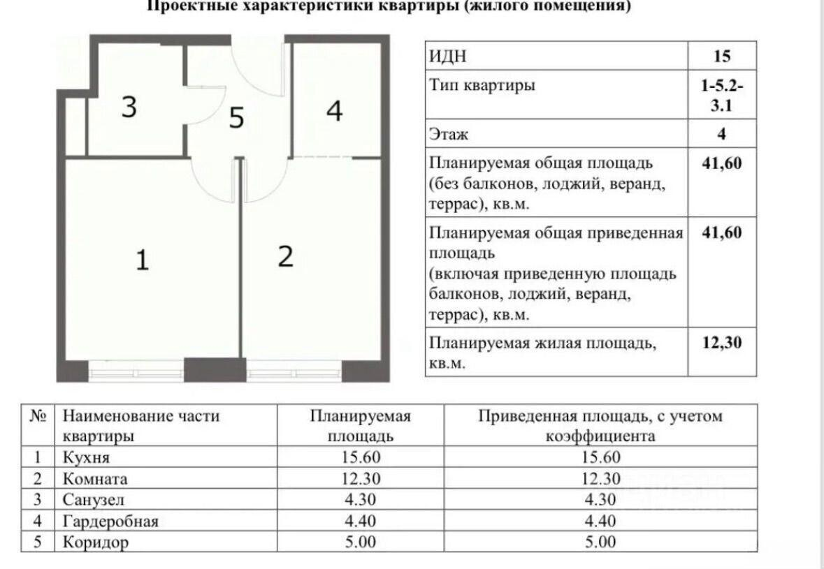 1-комнатная 41.6 м2 в ЖК undefined корпус null этаж 4
