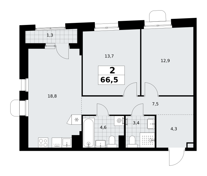 2-комнатная 66 м2 в ЖК Прокшино корпус null этаж 6