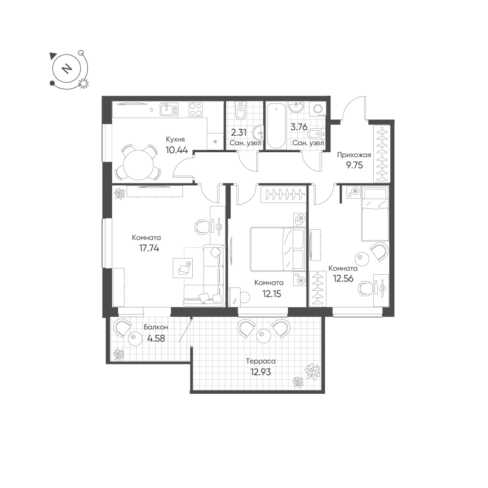 3-комнатная 73 м2 в ЖК Балтым-Парк корпус null этаж 1