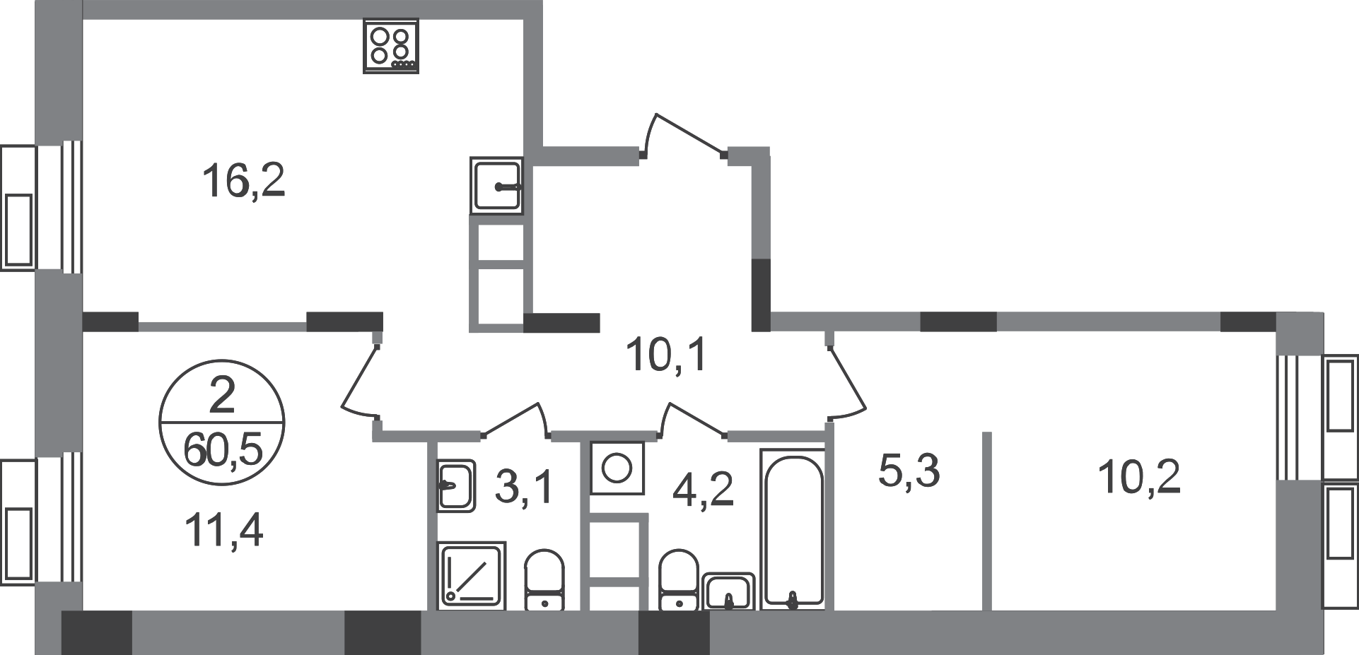 2-комнатная 60 м2 в ЖК Резиденции Сколково корпус null этаж 2