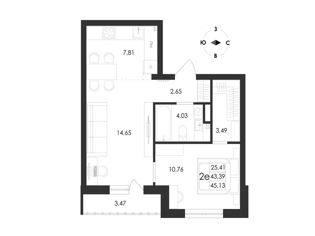 2-комнатная 45 м2 в ЖК Май корпус null этаж 11