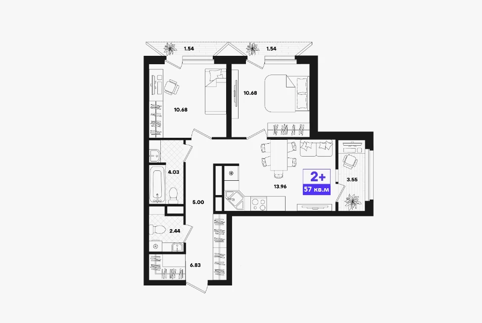 2-комнатная 57 м2 в ЖК undefined корпус null этаж 10