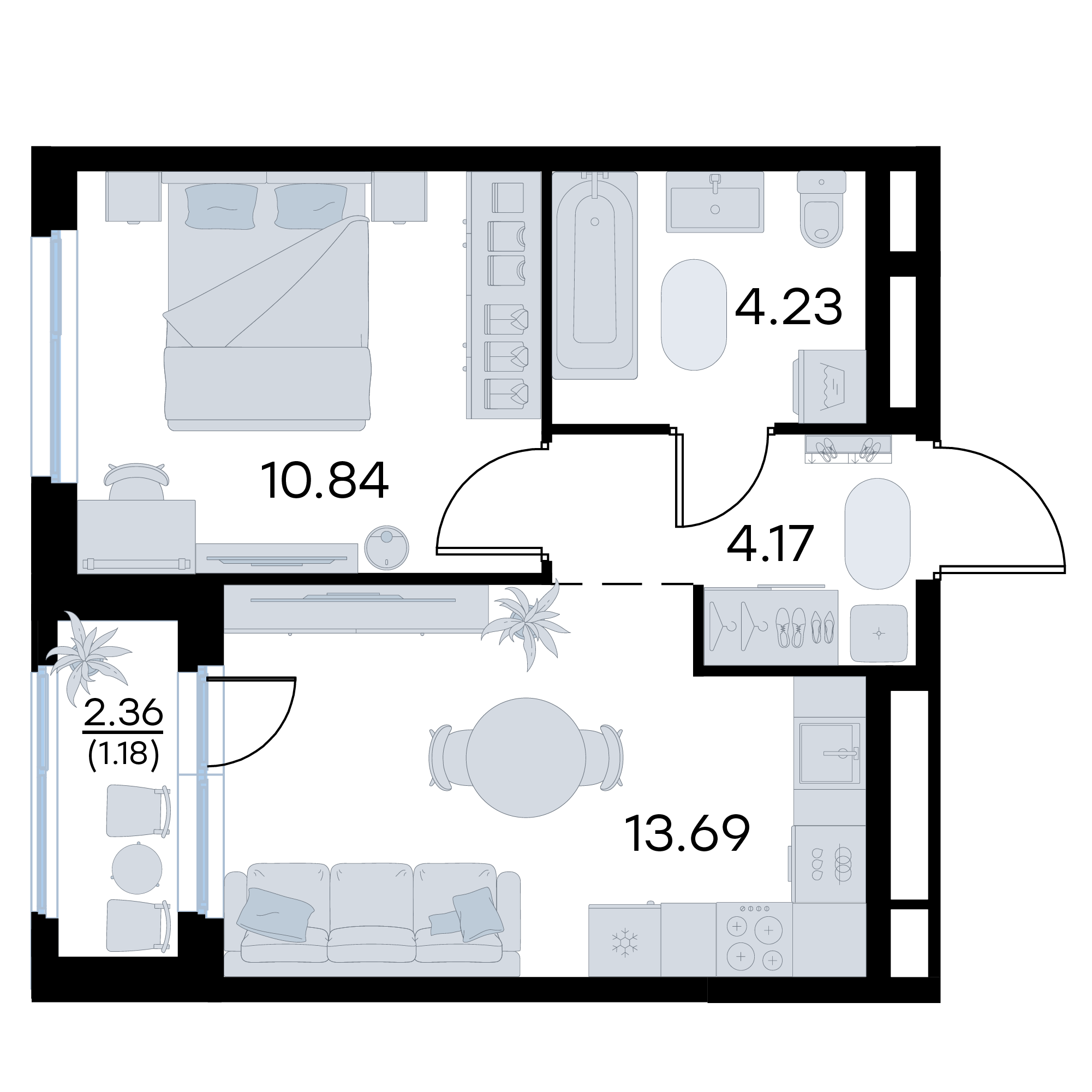 1-комнатная 34 м2 в ЖК GloraX Октябрьский корпус null этаж 16