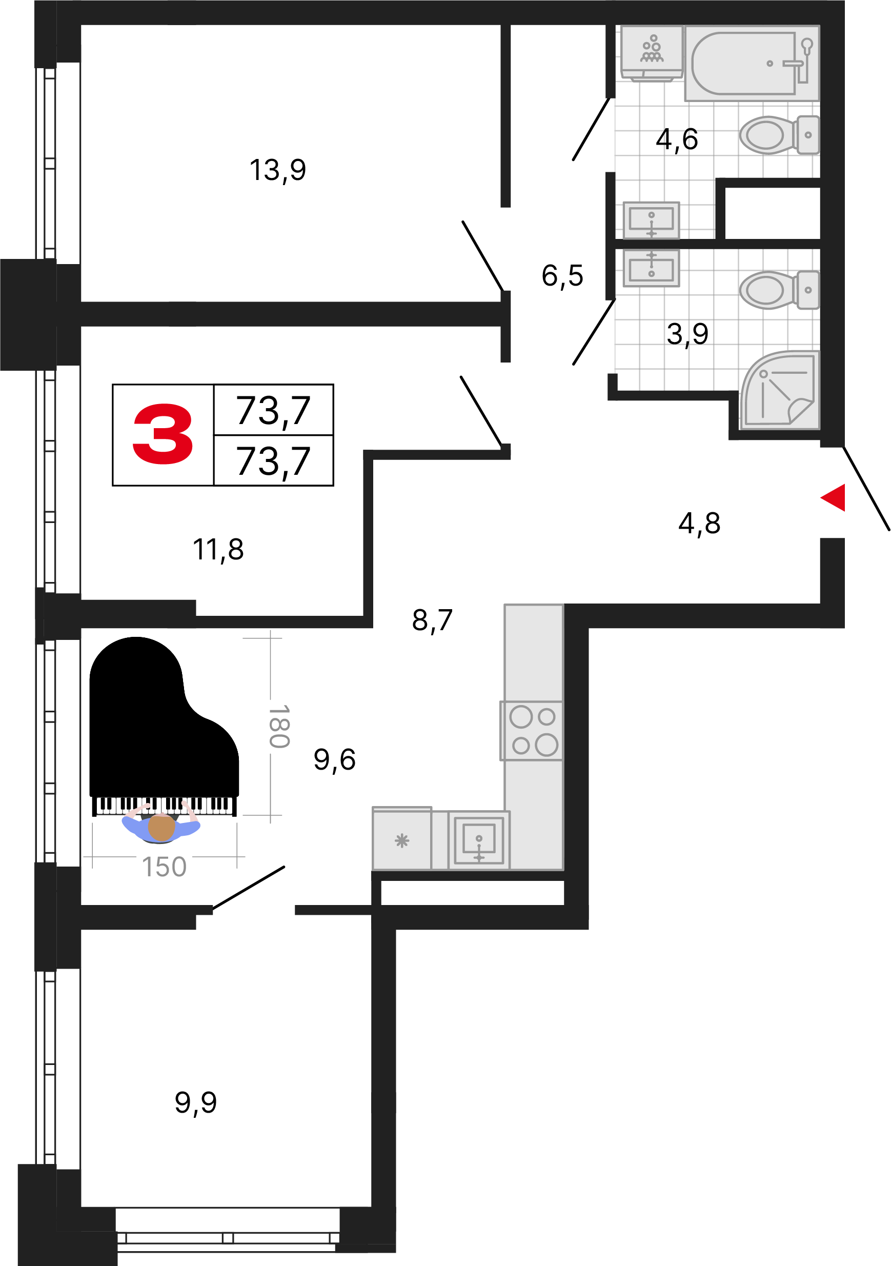 3-комнатная 73 м2 в ЖК Бестселлер корпус null этаж 15