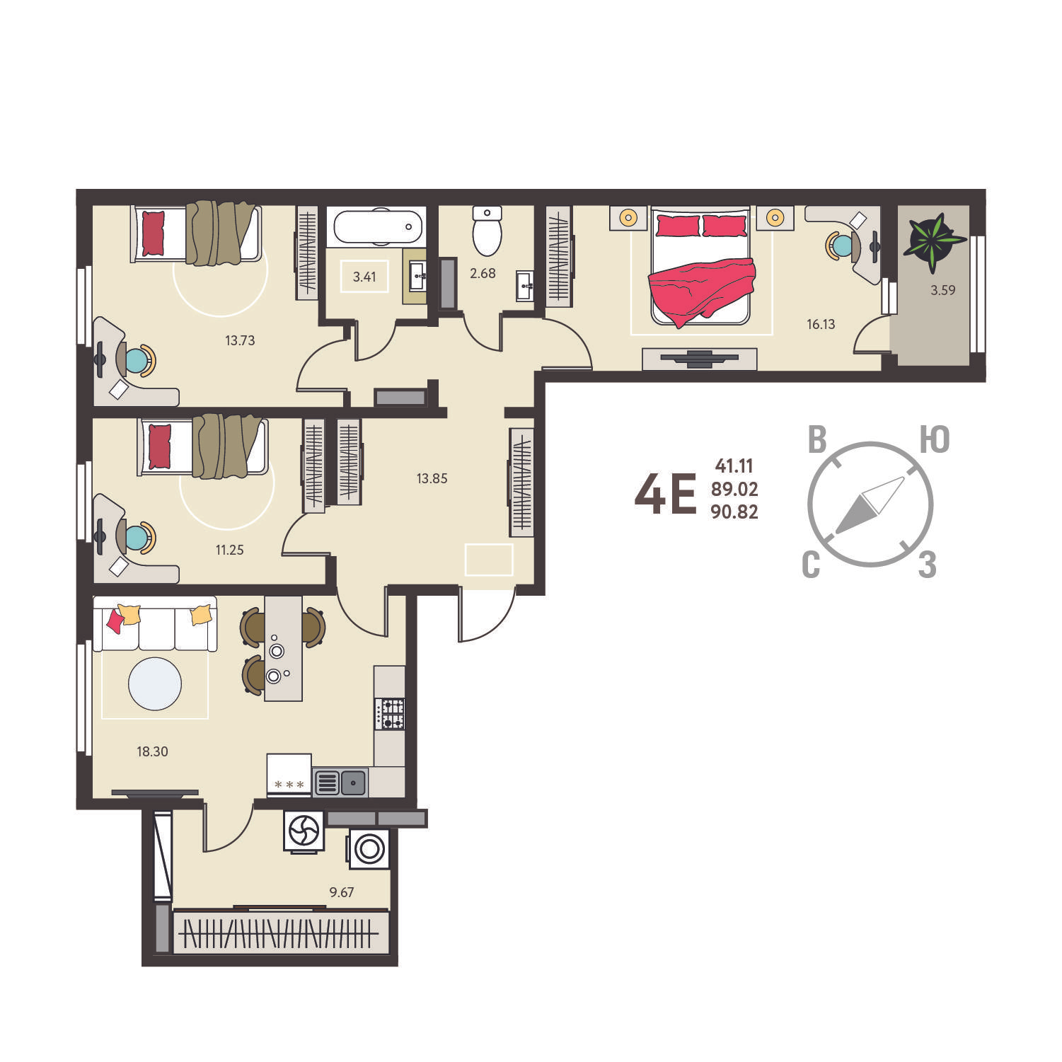 3-комнатная 90 м2 в ЖК Инстеп.Сити корпус null этаж 6