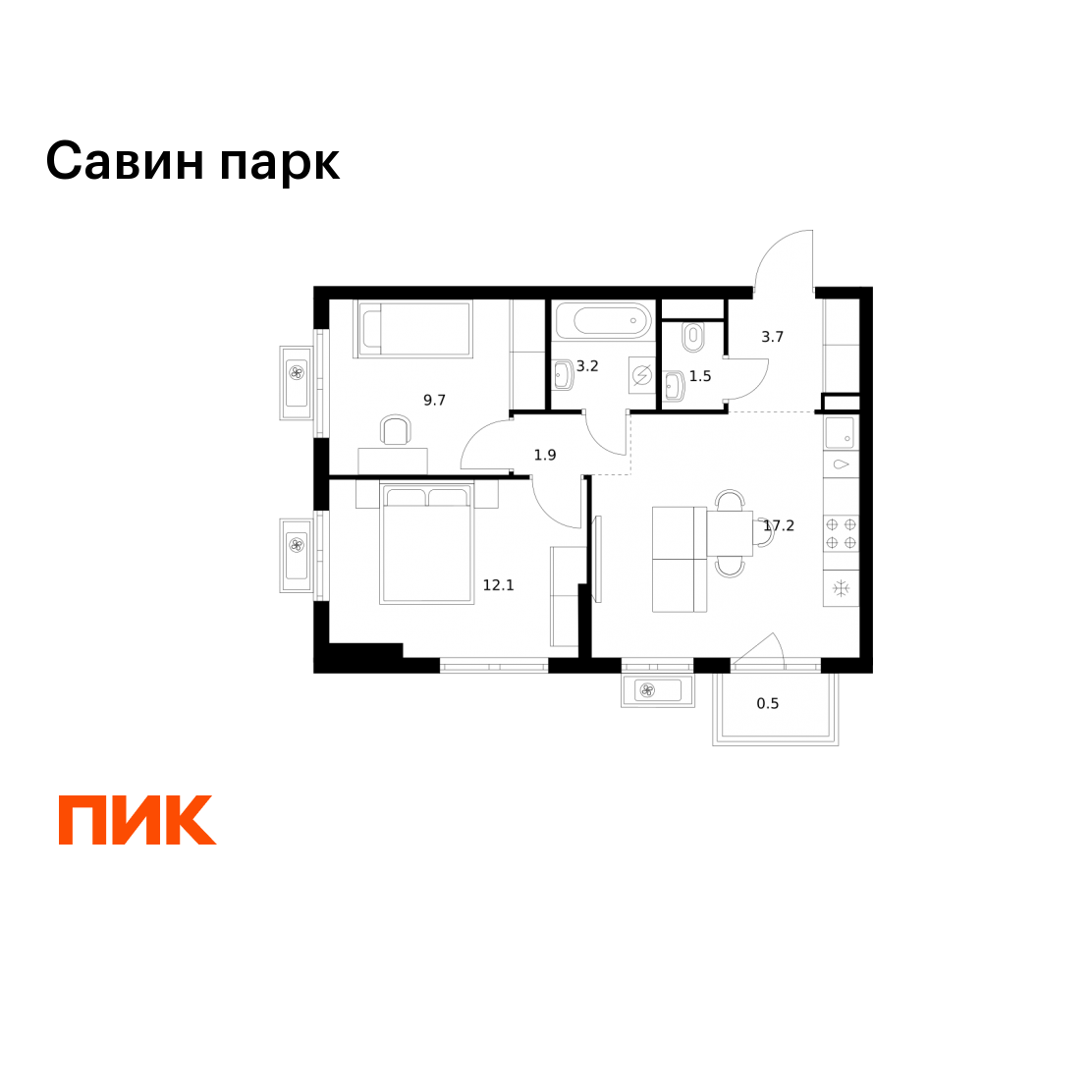 2-комнатная 49 м2 в ЖК Савин парк корпус null этаж 14