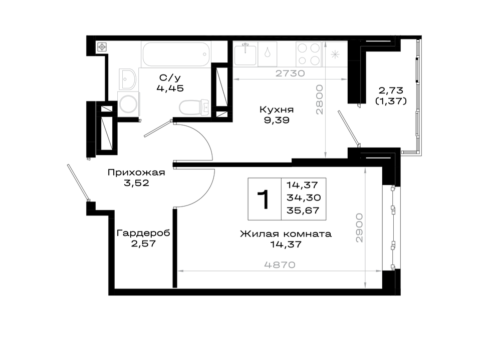 1-комнатная 35 м2 в ЖК Октябрь парк корпус null этаж 10