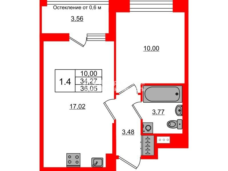 1-комнатная 34 м2 в ЖК Астра Континенталь корпус null этаж 9