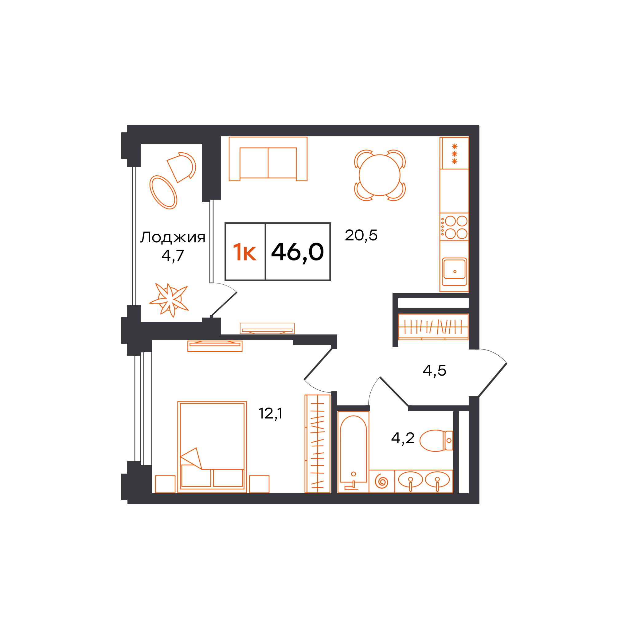 1-комнатная 46 м2 в ЖК Александровский корпус null этаж 4