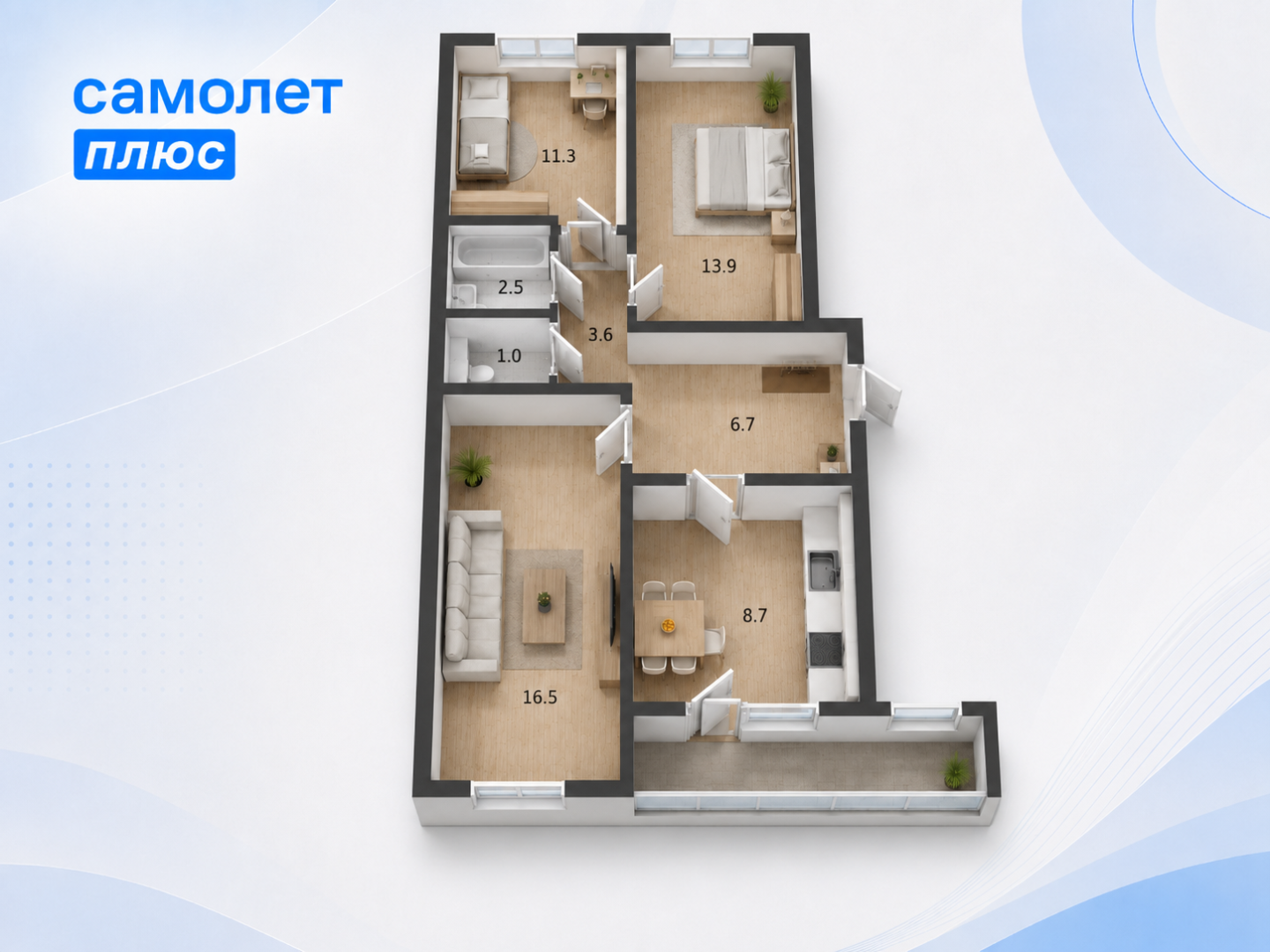 3-комнатная 65.6 м2 в ЖК undefined корпус null этаж 4