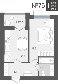 1-комнатная 35 м2 в ЖК Сальвадор корпус null этаж 4