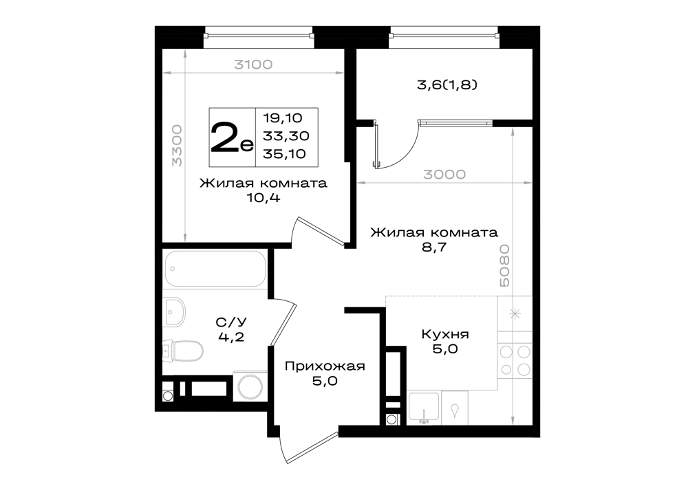2-комнатная 35 м2 в ЖК Придонье корпус null этаж 7