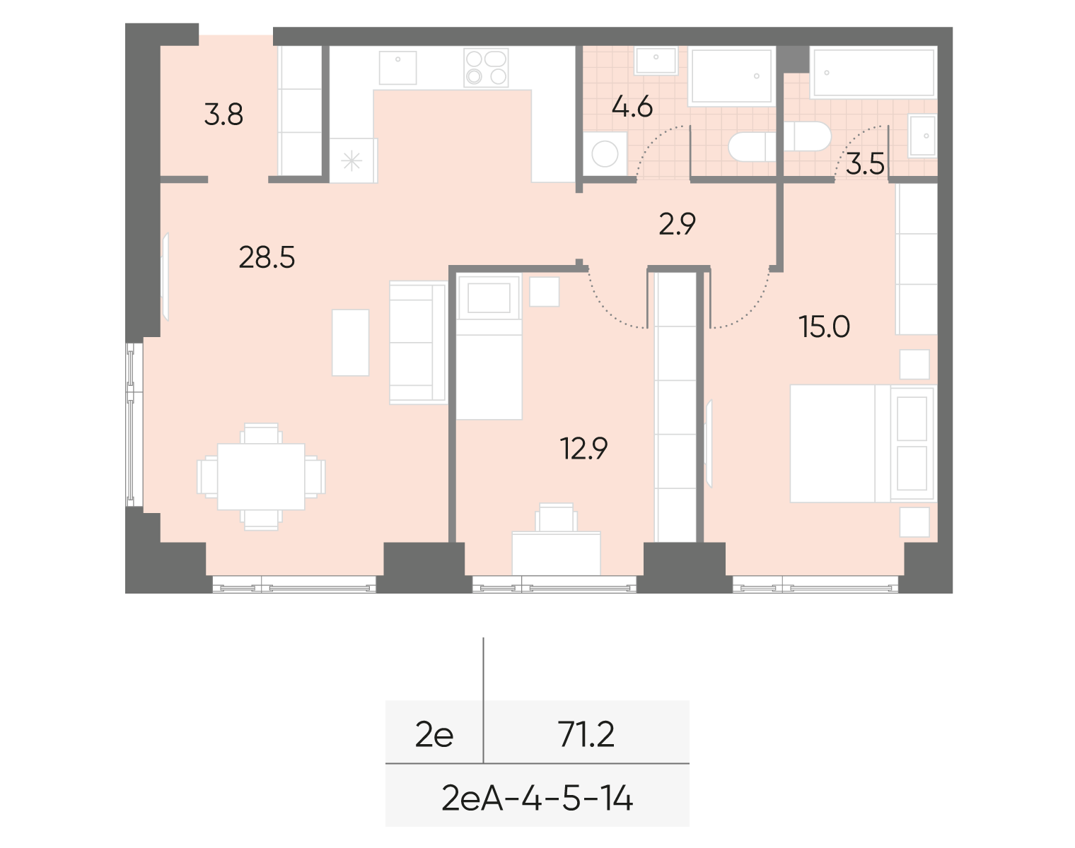 2-комнатная 71 м2 в ЖК Вейв корпус null этаж 5