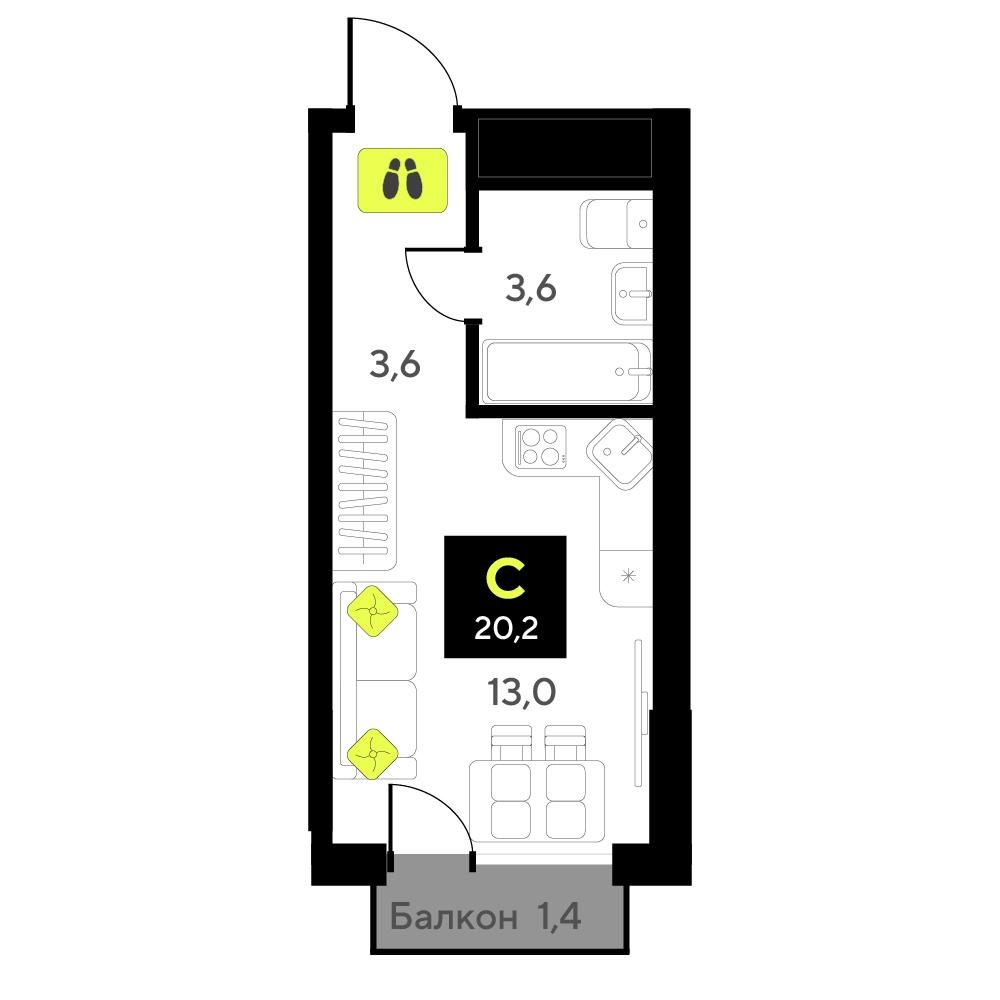 Студия 20 м2 в ЖК Мотивы корпус null этаж 14