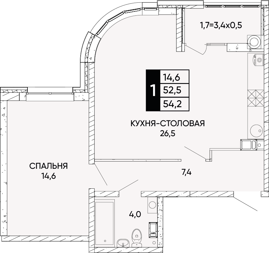 2-комнатная 54 м2 в ЖК Левобережье корпус null этаж 8
