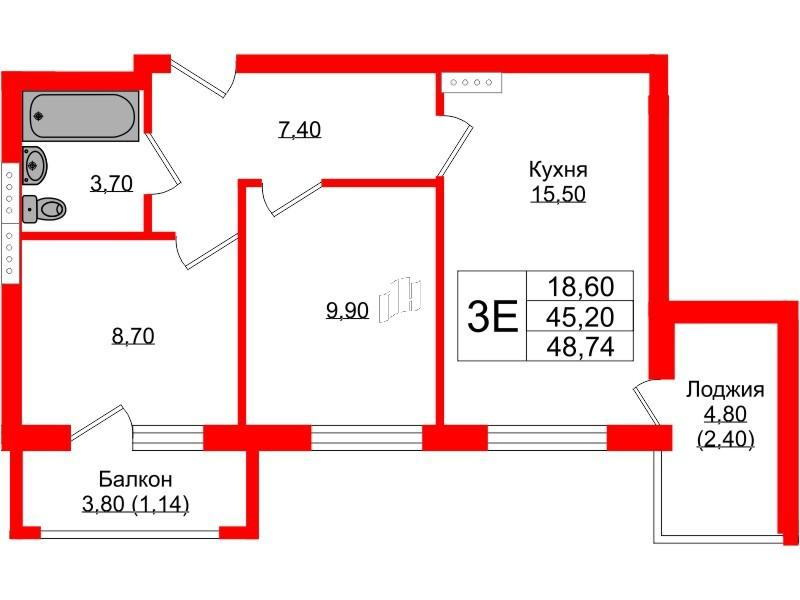 2-комнатная 48 м2 в ЖК Теодор Кроне корпус null этаж 2