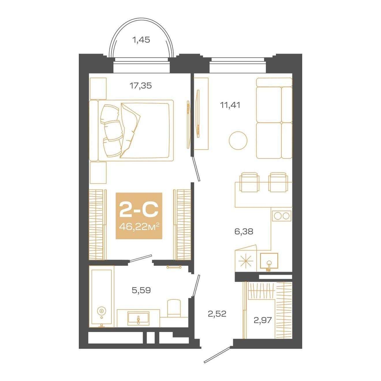 2-комнатная 46 м2 в ЖК Пульсар корпус null этаж 6