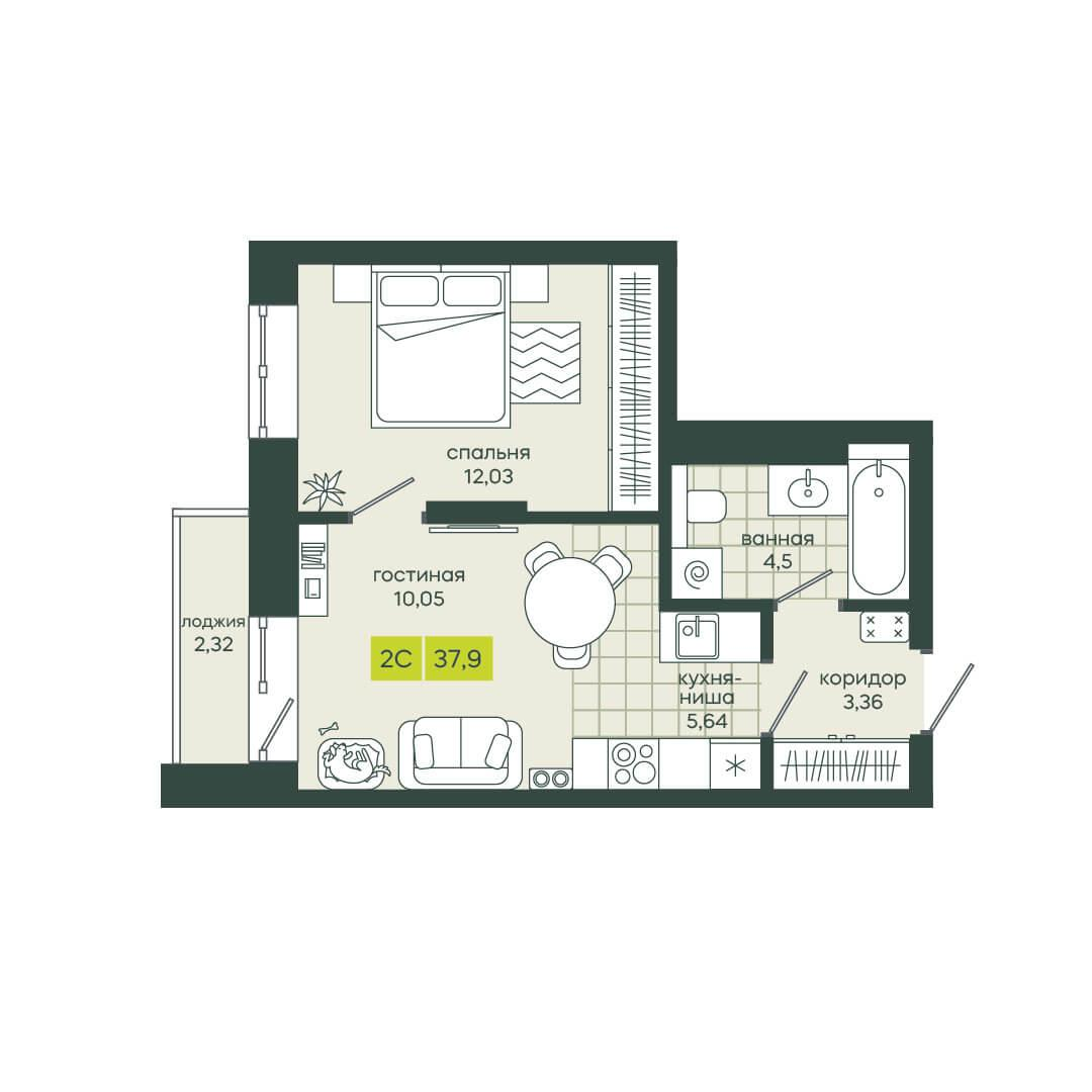 2-комнатная 37 м2 в ЖК Белкин корпус null этаж 12
