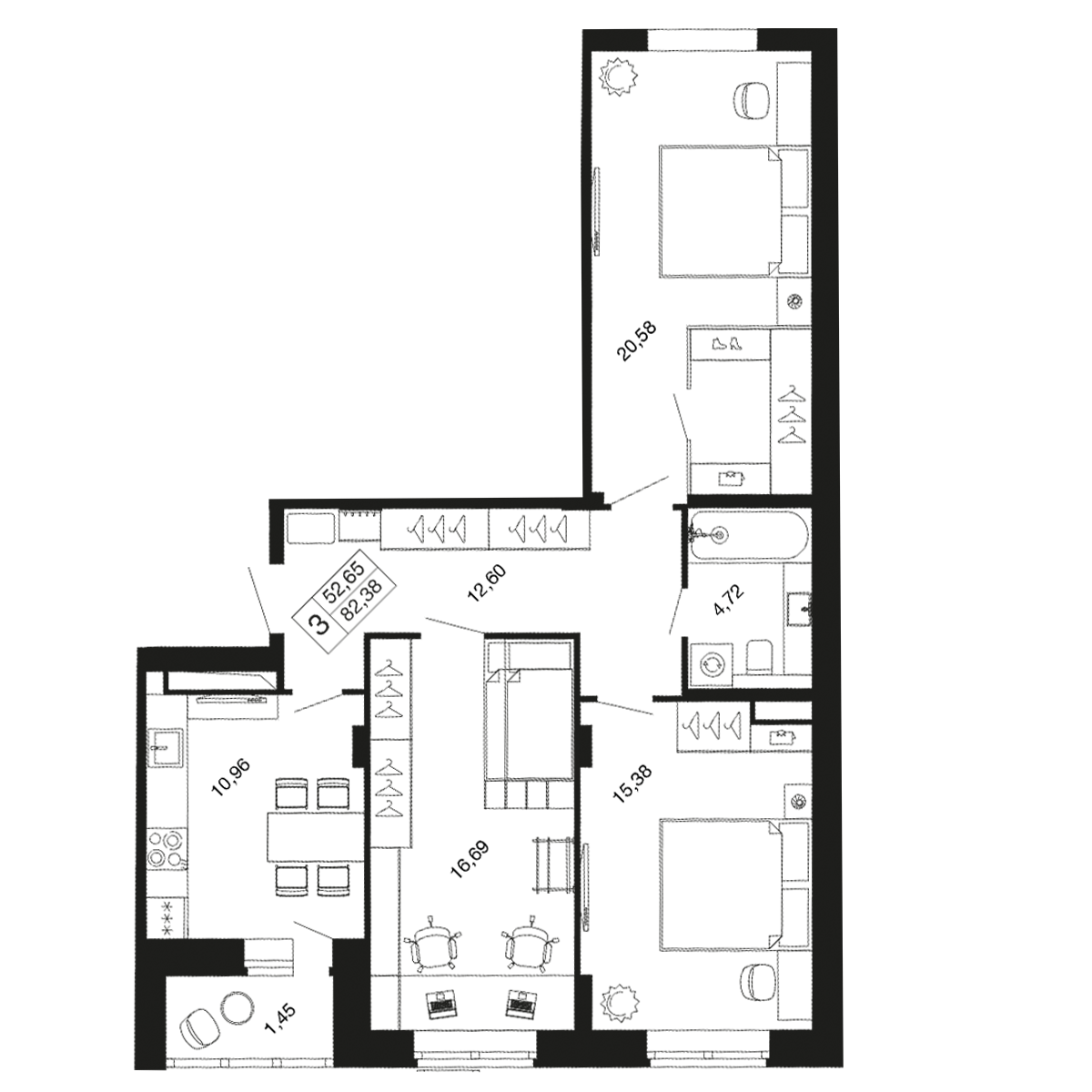 3-комнатная 82 м2 в ЖК Времена года корпус null этаж 7