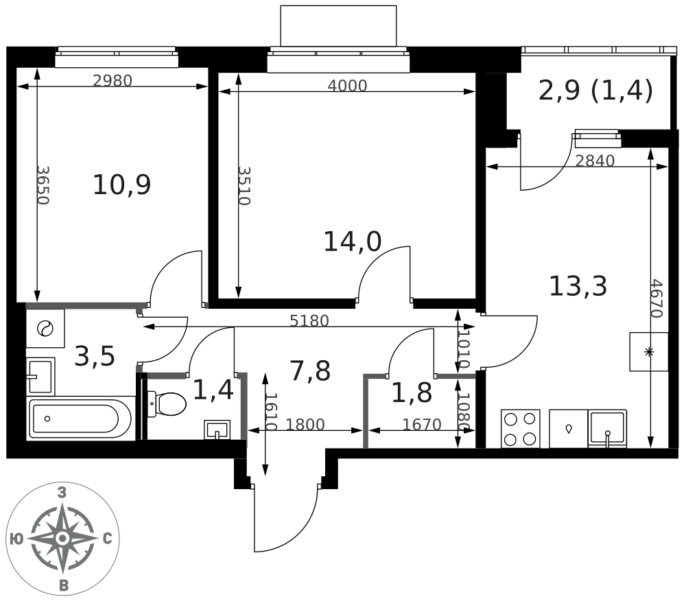 2-комнатная 54 м2 в ЖК 1-й Ясеневский корпус null этаж 14
