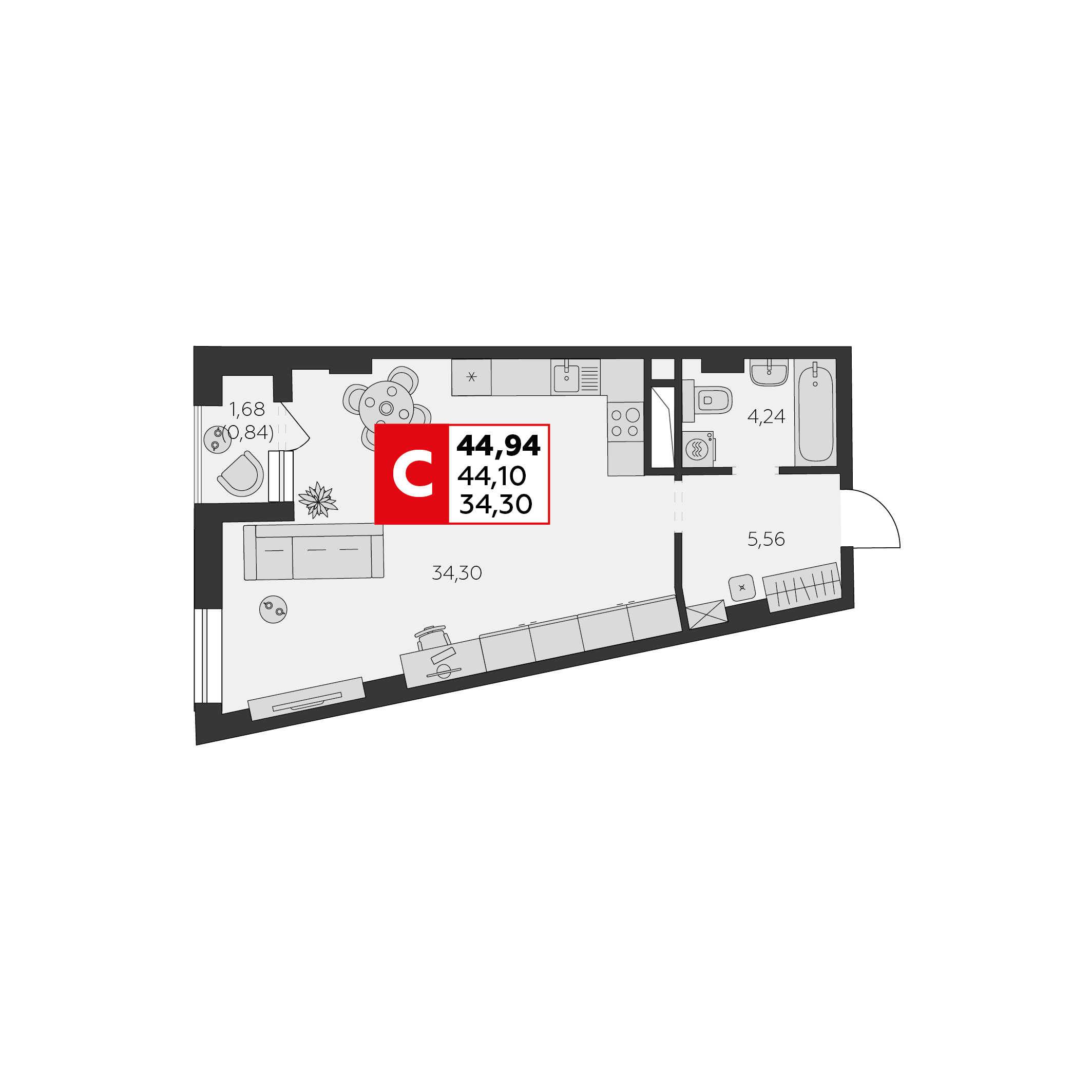 Студия 44 м2 в ЖК Высотка корпус null этаж 1