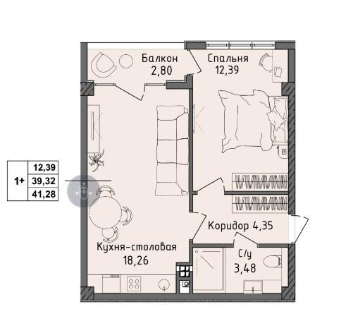 1-комнатная 41.3 м2 в ЖК undefined корпус null этаж 2