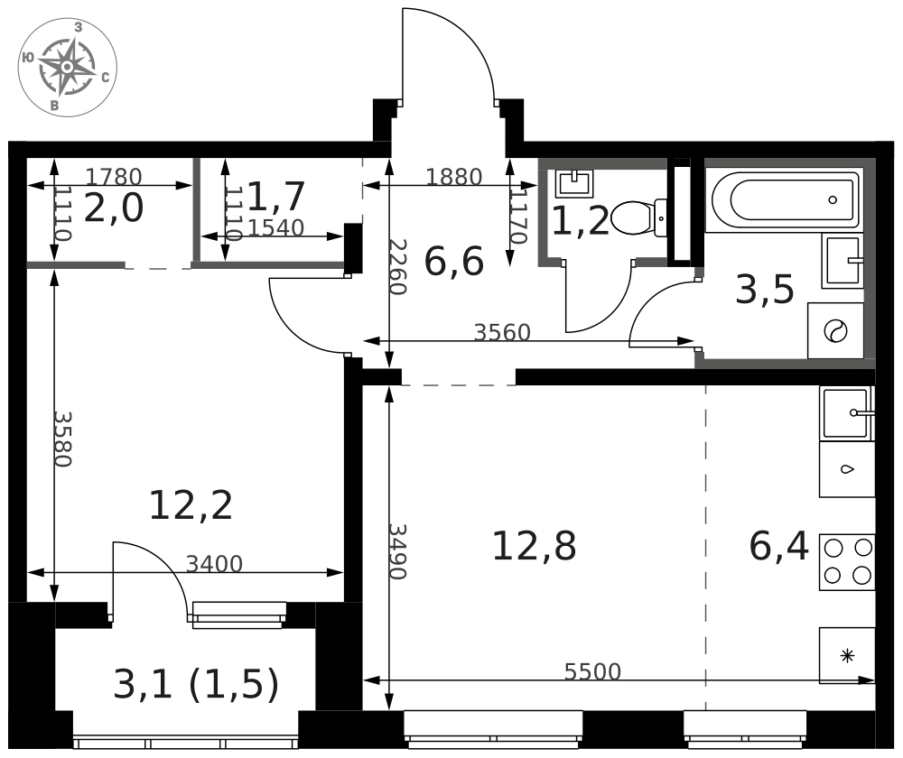 2-комнатная 47 м2 в ЖК 1-й Ясеневский корпус null этаж 2