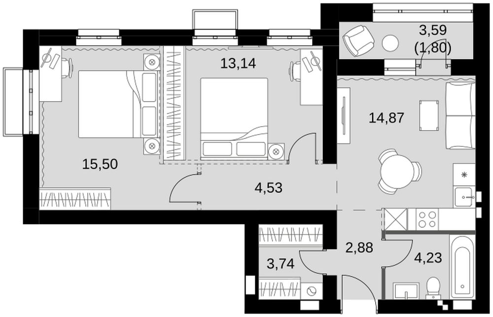 3-комнатная 61 м2 в ЖК Жаворонки Клаб корпус null этаж 2