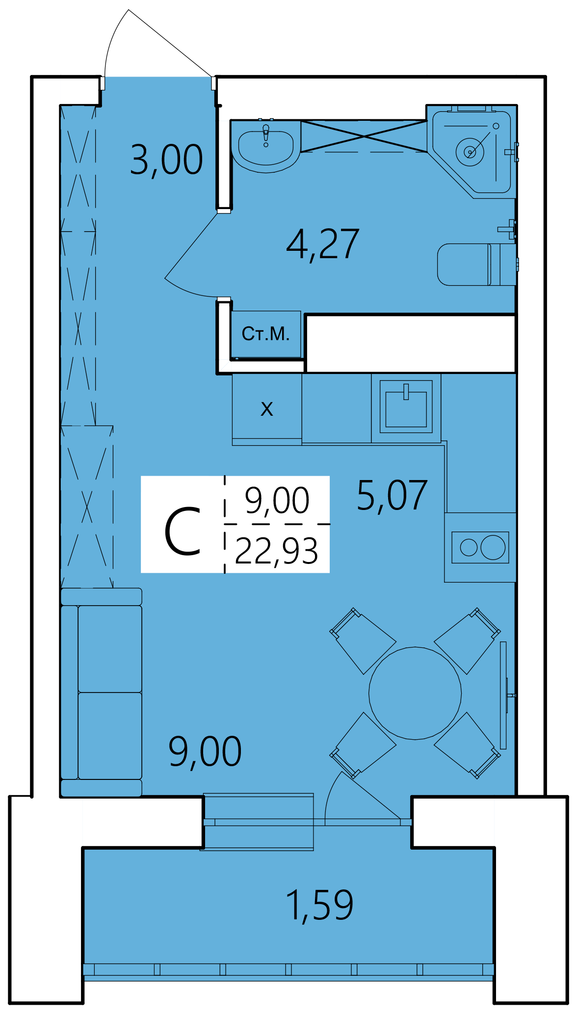 Студия 22 м2 в ЖК Волна корпус null этаж 2