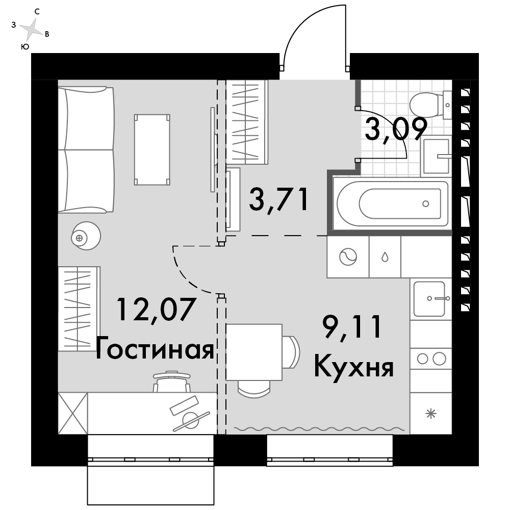 1-комнатная 27 м2 в ЖК Жаворонки Клаб корпус null этаж 3