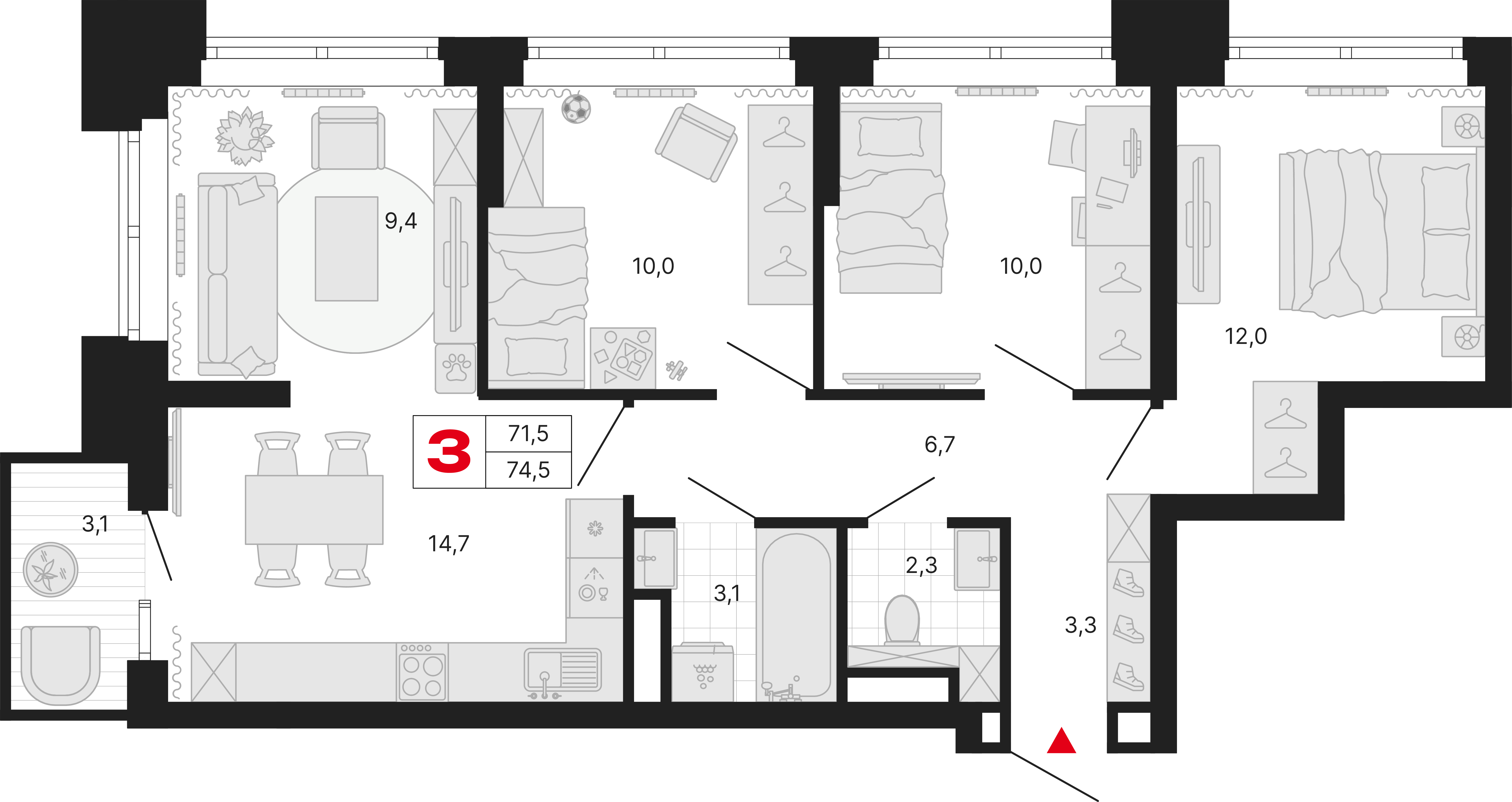 3-комнатная 74 м2 в ЖК Бестселлер корпус null этаж 5