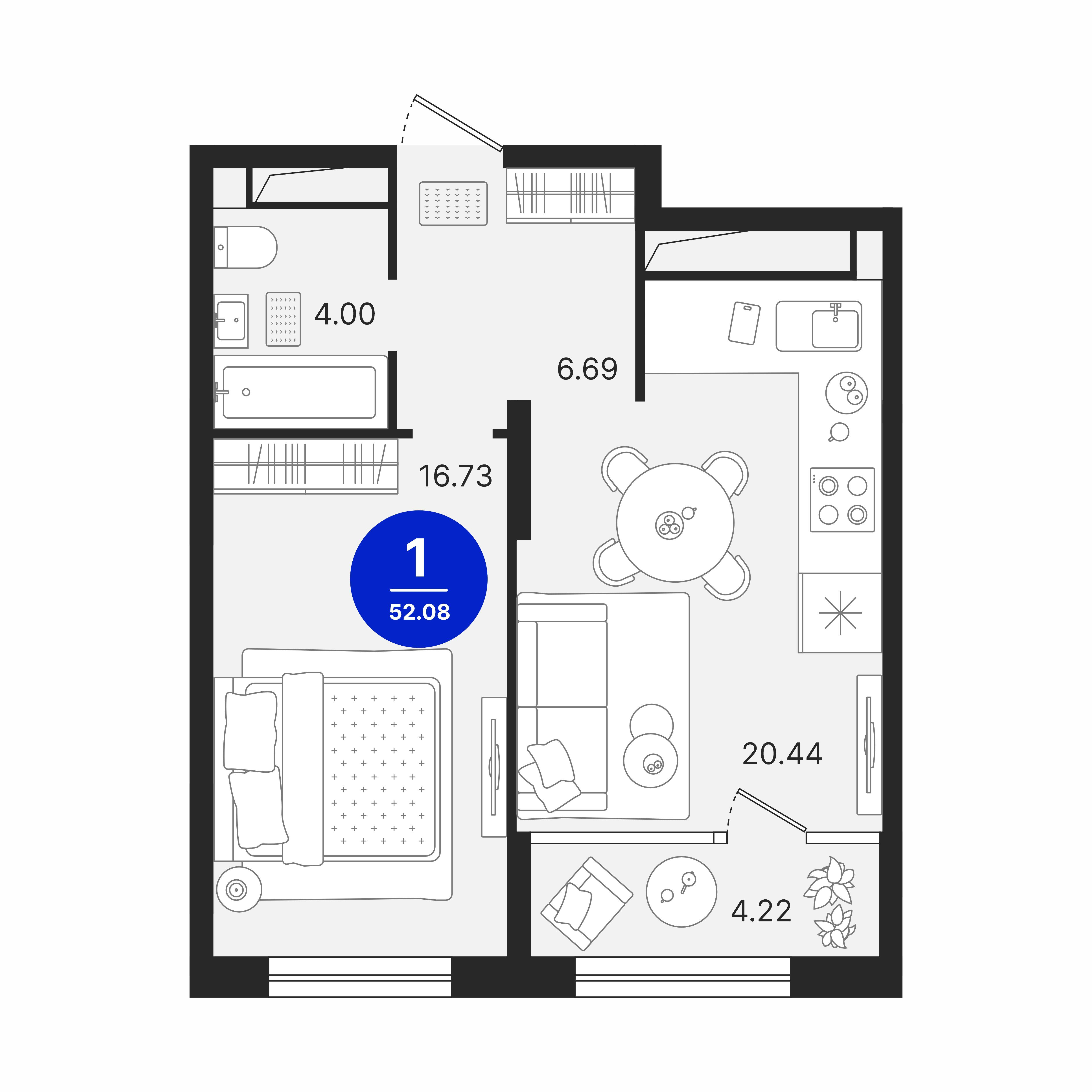 1-комнатная 52 м2 в ЖК Северное Сияние корпус null этаж 12