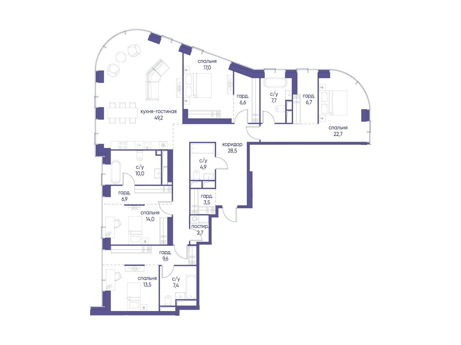4-комнатная 210 м2 в ЖК Начало корпус null этаж 12