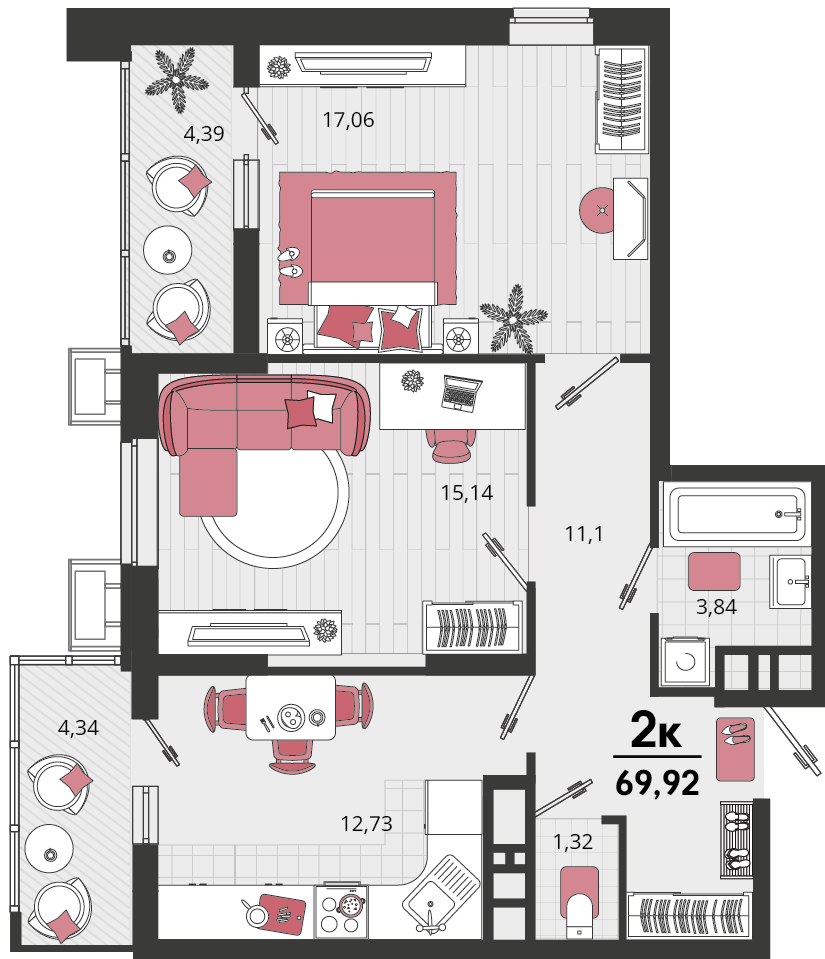2-комнатная 67 м2 в ЖК Родные просторы корпус null этаж 7
