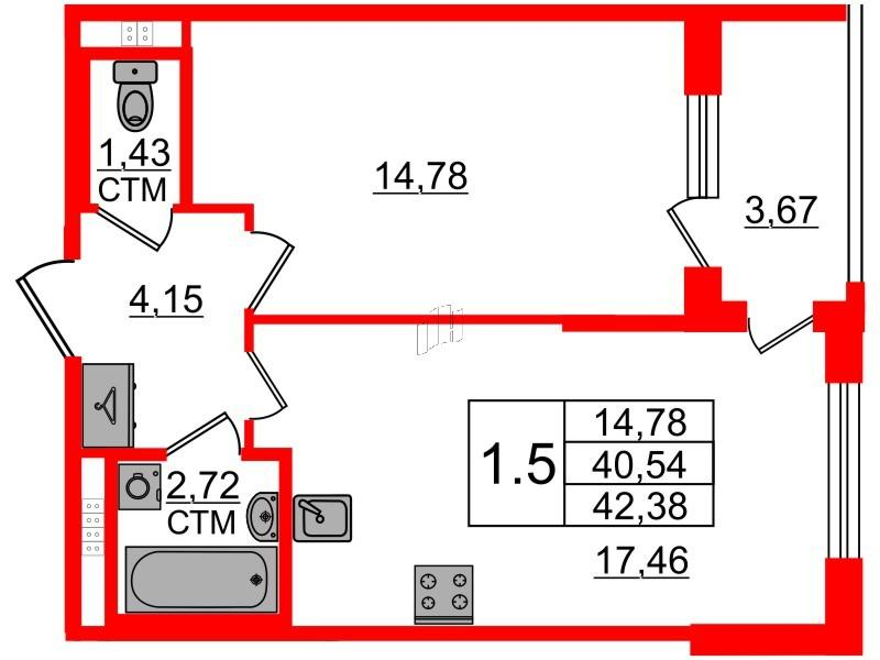 1-комнатная 40 м2 в ЖК Дворцовый фасад корпус null этаж 3