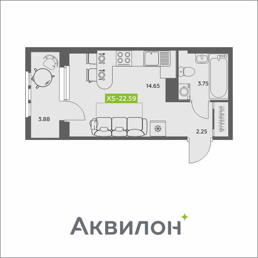 Студия 22 м2 в ЖК Аквилон АКВАРТАЛ корпус null этаж 4