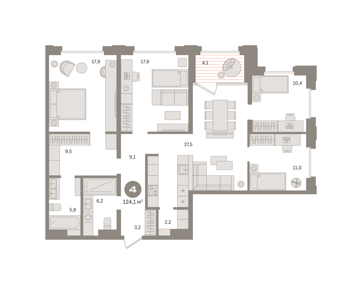 4-комнатная 124 м2 в ЖК Квартал МОНС корпус null этаж 11