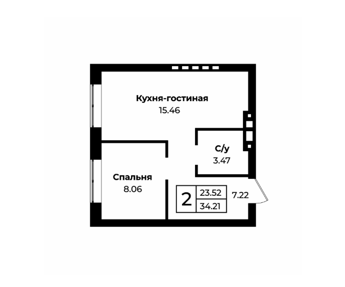 1-комнатная 34.2 м2 в ЖК undefined корпус null этаж 2