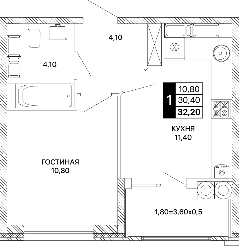 1-комнатная 32 м2 в ЖК Сияние корпус null этаж 12