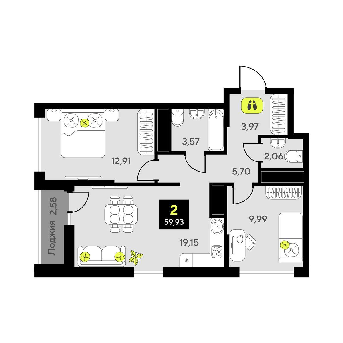2-комнатная 59 м2 в ЖК Мотивы корпус null этаж 12