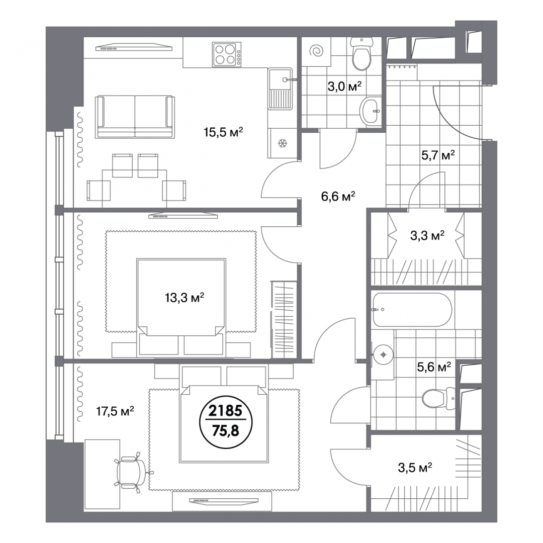 2-комнатная 75.8 м2 в ЖК undefined корпус null этаж 9
