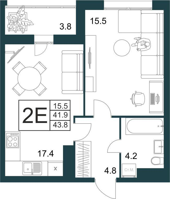 2-комнатная 43.8 м2 в ЖК undefined корпус null этаж 4