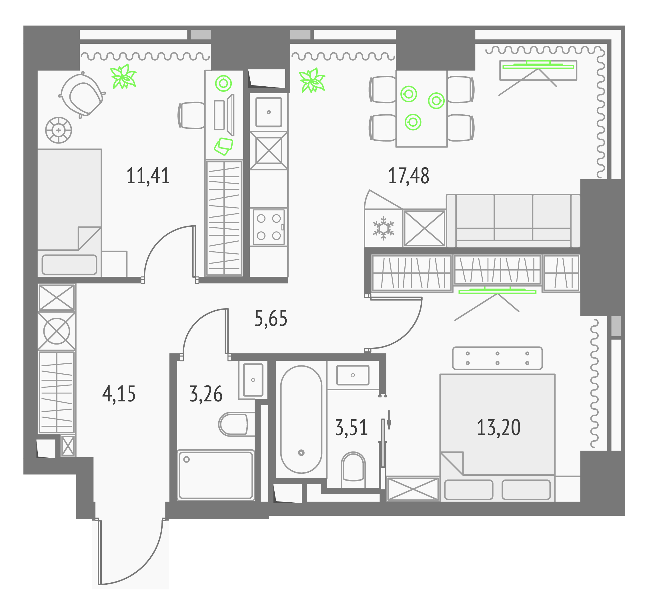 2-комнатная 58 м2 в ЖК Upside Towers корпус null этаж 8
