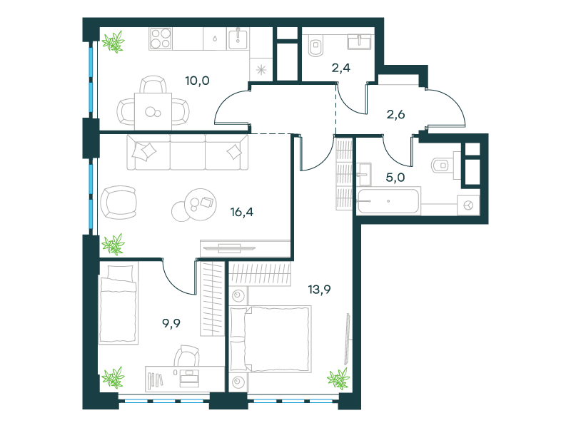 3-комнатная 60 м2 в ЖК Левел Южнопортовая корпус null этаж 4