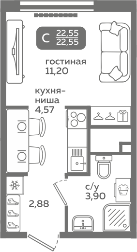 Студия 22 м2 в ЖК Меридиан Слобода корпус null этаж 4