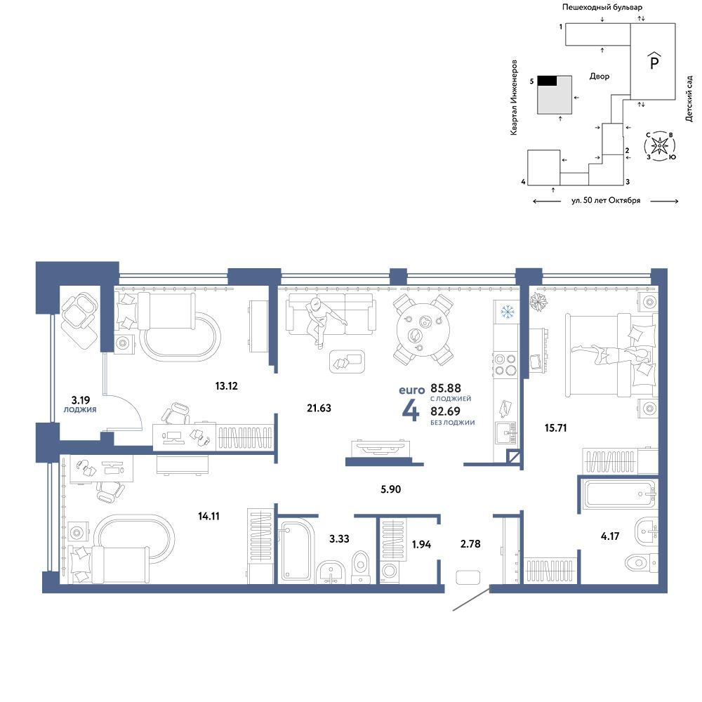 4-комнатная 85 м2 в ЖК Сердце Сибири корпус null этаж 5